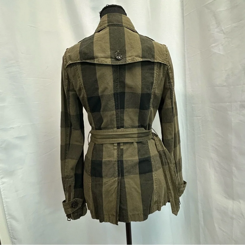 Burberry Brit Check Trench Coat Jacket double breasted Short Linen green belted - Picture 4 of 16
